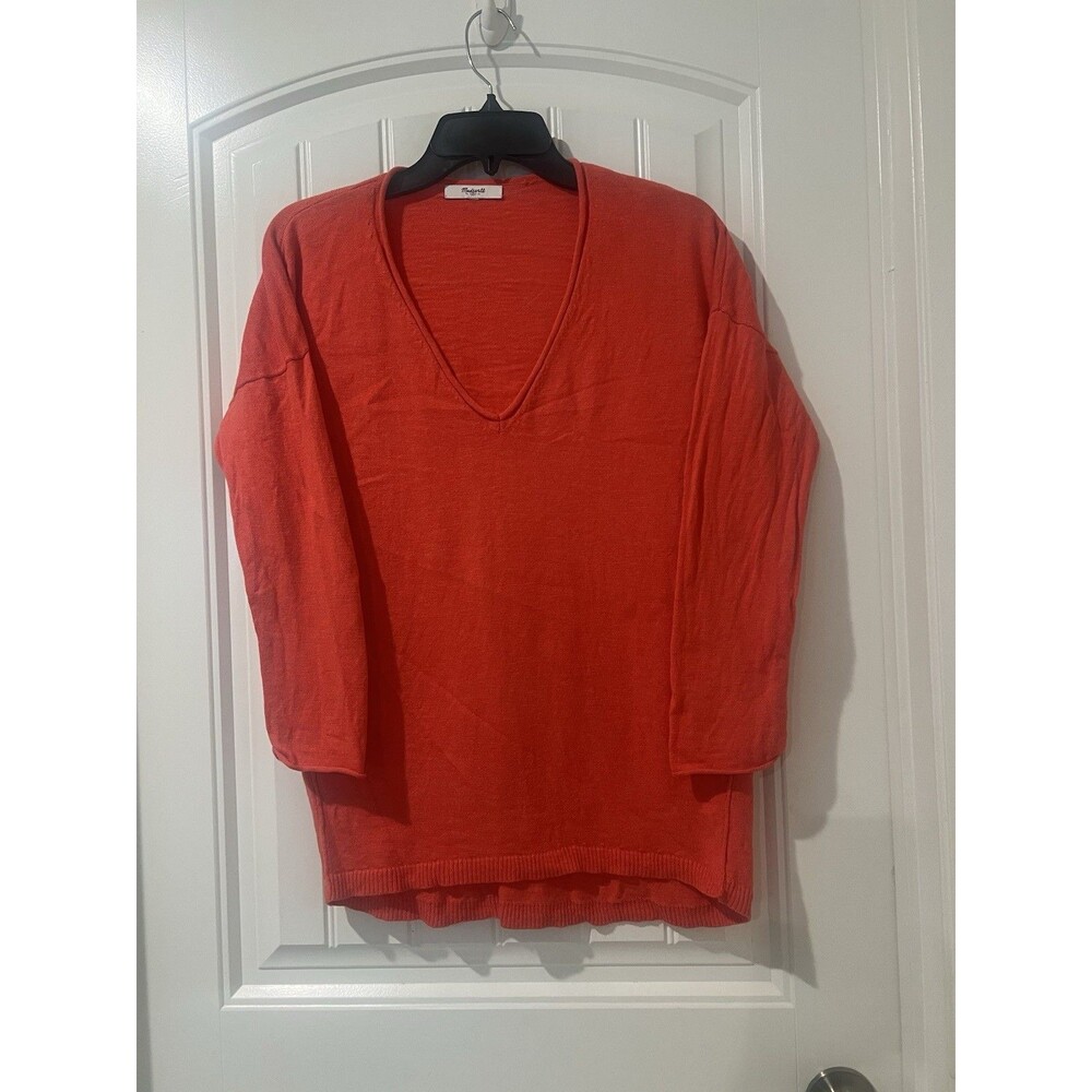 Madewell 3/4 Sleeve Deckhouse Sweater V Neck Orange Cotton Wool Blend Size Small